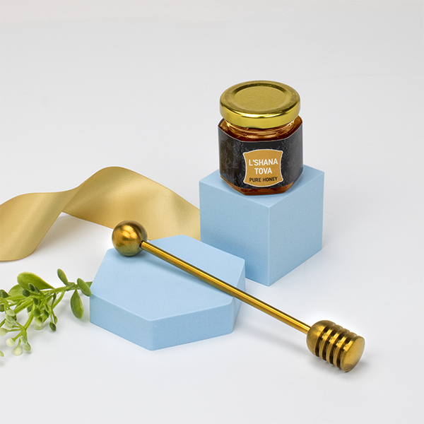 Shana Tova Honey Jar with Elegant Gold Honey Dipper