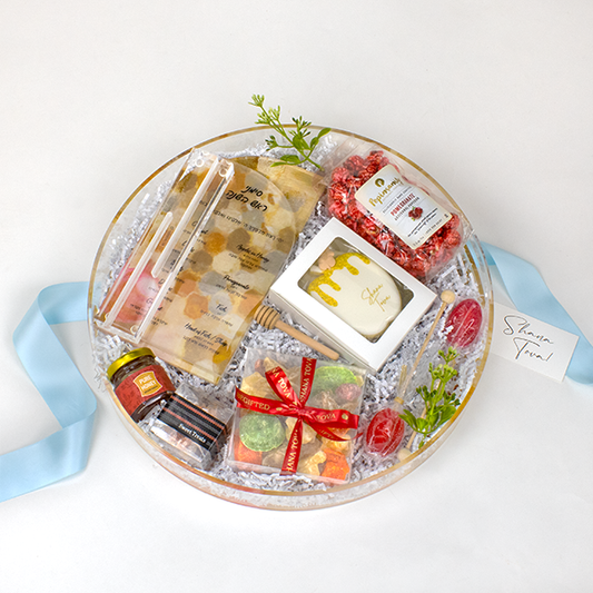 Rosh Hashana Gift Pomegranate Theme. Round Lucite Painted Tray with matching Simanim Plaque and Treats.