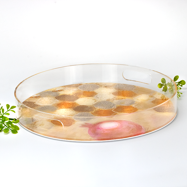Rosh Hashana Gift Round Lucite Painted Tray with matching Simanim Plaque and Treats.