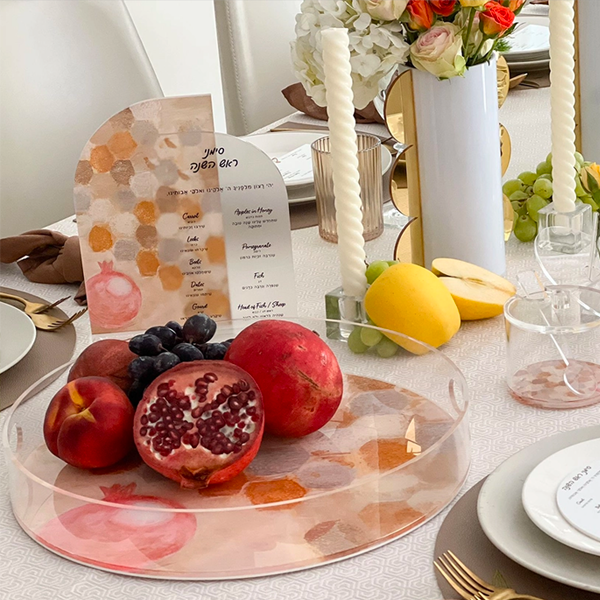 Rosh Hashana Gift in Pomegranate Theme. Round Lucite Painted Tray with matching Simanim Plaque and Treats.