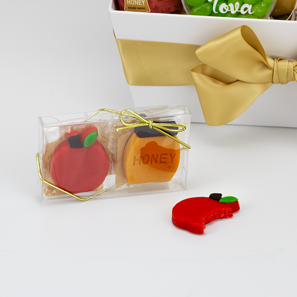 Set of Apple & Honey Shaped Marzipan Treats in a Clear Box with Gold Wrap