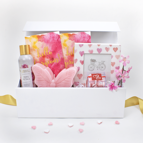 Hello Gorgeous Gift Box in white magnetic box with butterfly candle, scented room spray, sachet packs, photo frame with painted heart design and heart shaped candies