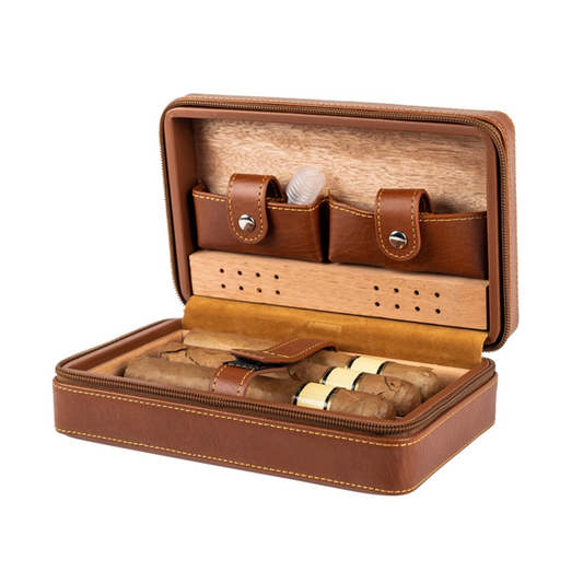 The Cigar Lover Gift box featuring a black magnetic gift box, cigar case, silver flask and kosher spiced nuts