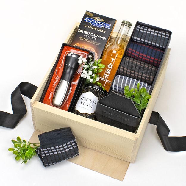 The Gentleman's Gear Gift Box set of dress socks, survival tool with flashlight, chocolate, TOST drink, faux leather coaster set, salted caramel chocolate in wooden gift box