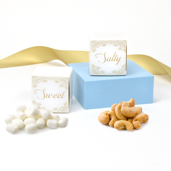 Welcome Guest Gift Box featuring candy coated marshmallows and crunchy cashews.