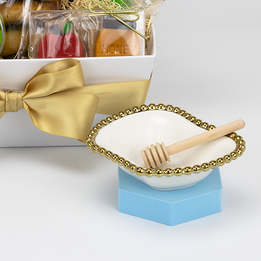 Rosh Hashana Gift Basket with Delicious Treats and an Apple Shaped Porcelain Dish with Gold Beaded Edging & Honey Dipper