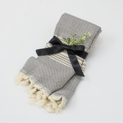 100% Turkish Cotton Kitchen Towel with white fringes, tied with a black ribbon