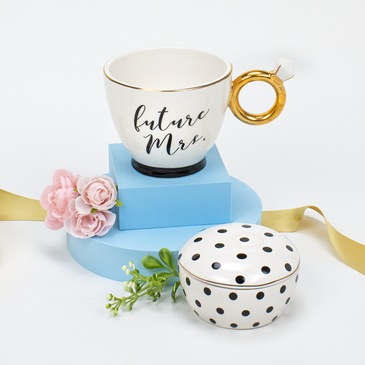 Future Mrs Engagement Mug with Diamond Ring Handle, Polka Dot Trinket Dish with Cover