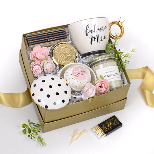 Engagement Gift Box with Elegant Mug "Future Mrs.", Porcelain Trinket Dish, Champagne Candle, Croc Embossed Gold Compact Mirror, Scented Bath Bomb, Celebrate Matchbox and Champagne Flavored Candy