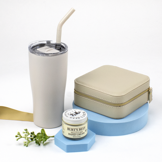 Ready To Go Travel Themed Kosher Gift Box with Cream Color Travel Jewelry Box, Cream Vacuum Sealed Travel Mug, Burt's Bees Hand Cream, Lindor Chocolates and Toffee Almonds