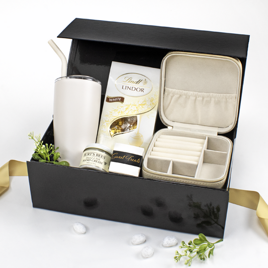 Ready To Go Travel Themed Kosher Gift Box with Cream Color Travel Jewelry Box, Cream Vacuum Sealed Travel Mug, Burt's Bees Hand Cream, Lindor Chocolates and Toffee Almonds